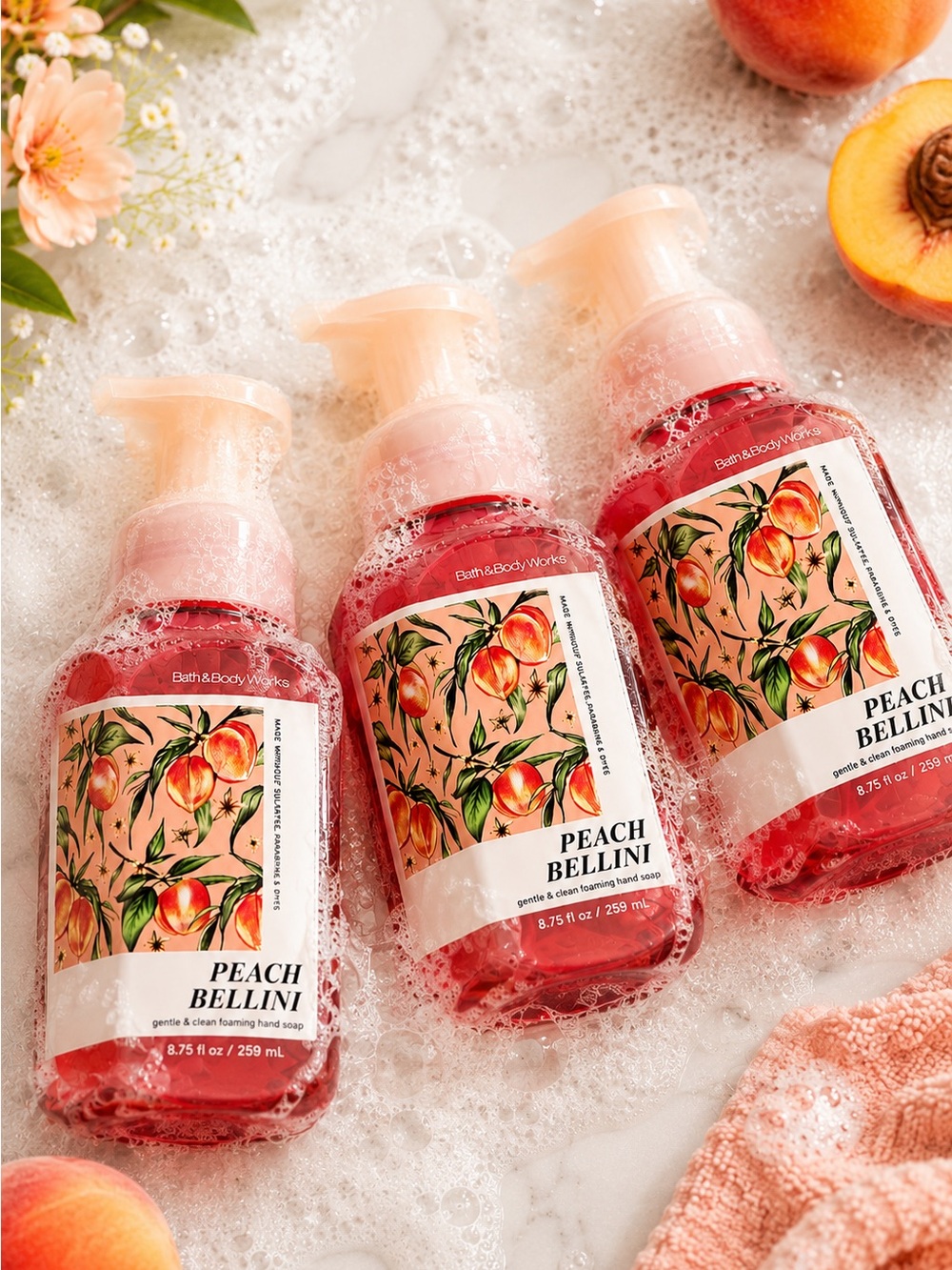 Bath & Body Works Peach Bellini Foaming Hand Soap Lot of 3 New 8.75 oz Amazing - Picture 2 of 5